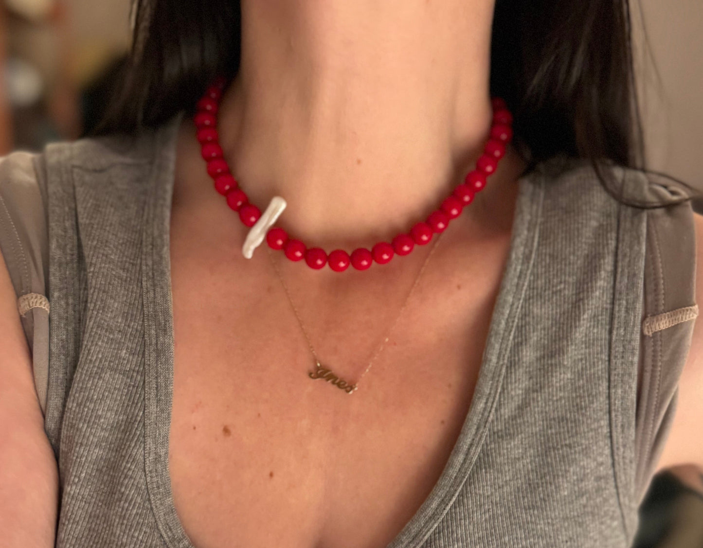 Red Coloured Bead feat. Baroque Pearl