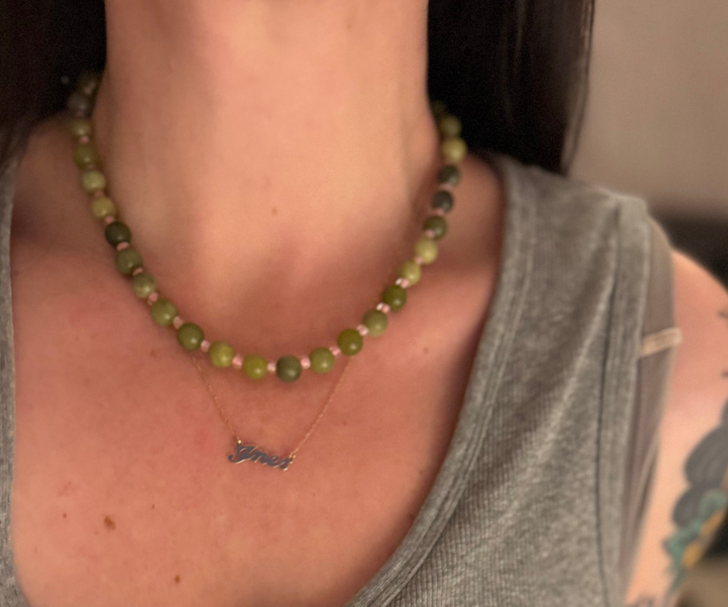 Green Jasper & Half Transparent Neon Pink Spacer