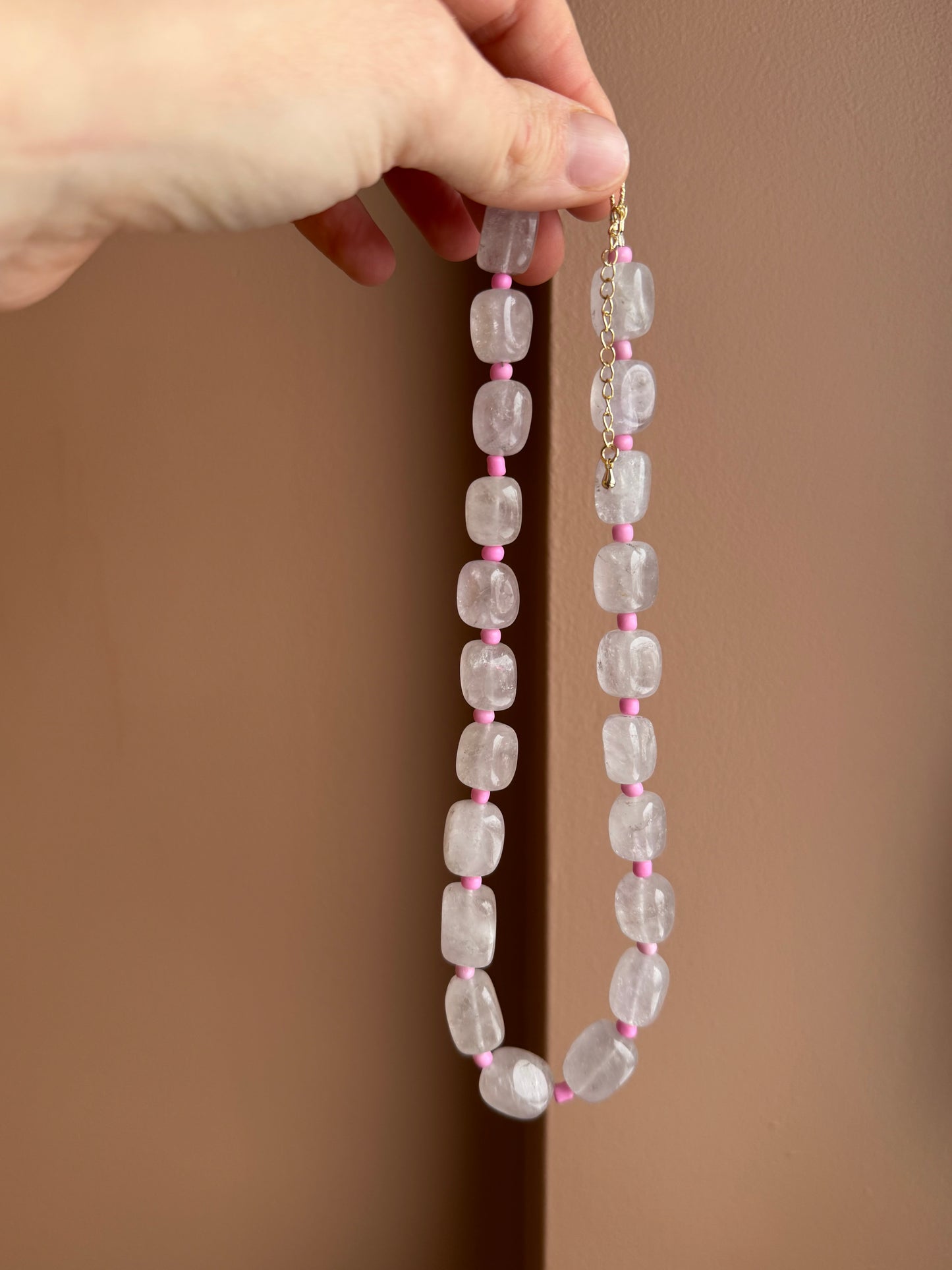 Rectangle Shape Rose Quartz w/ Bright Pink Glass Spacer