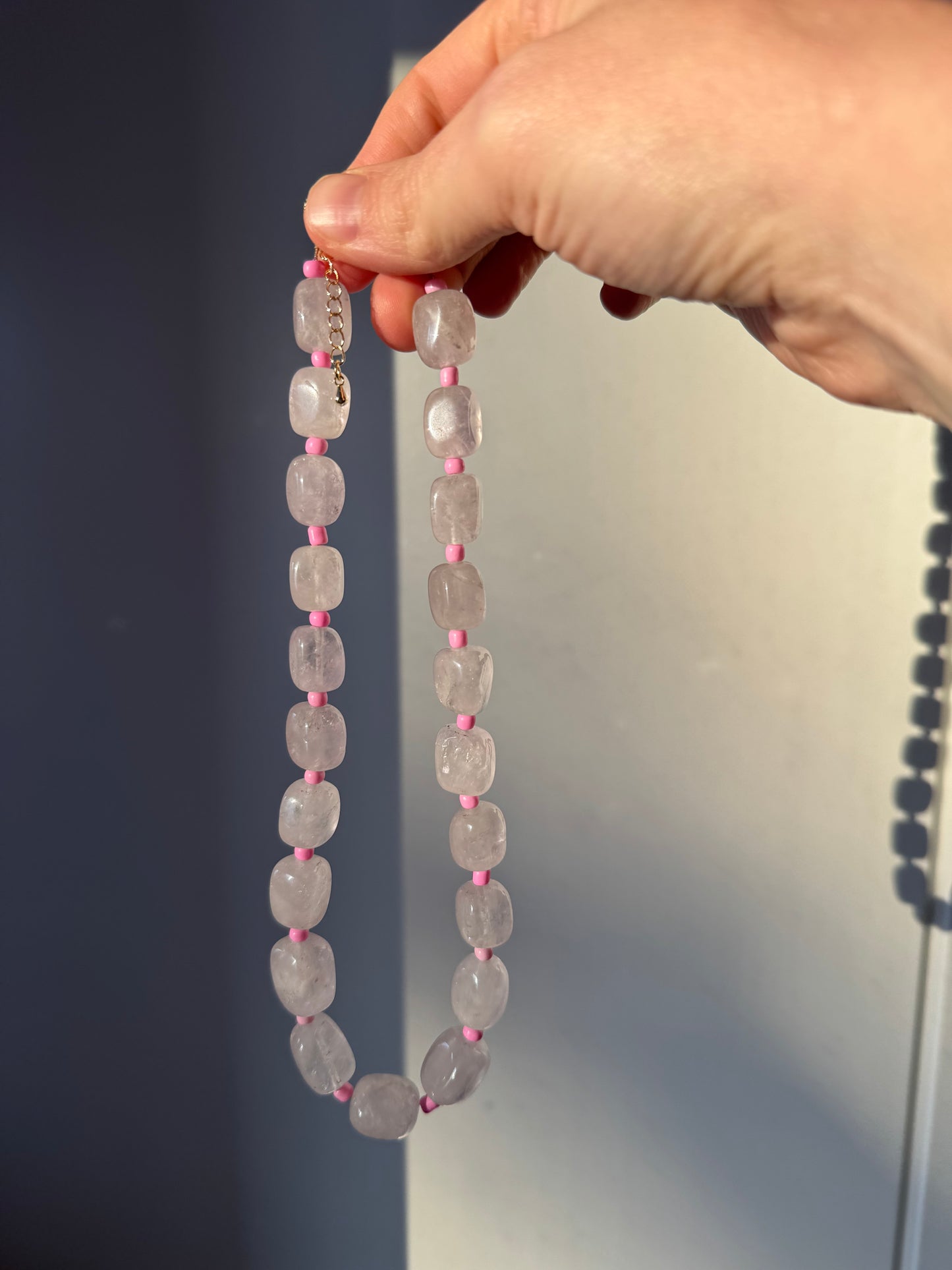 Rectangle Shape Rose Quartz w/ Bright Pink Glass Spacer