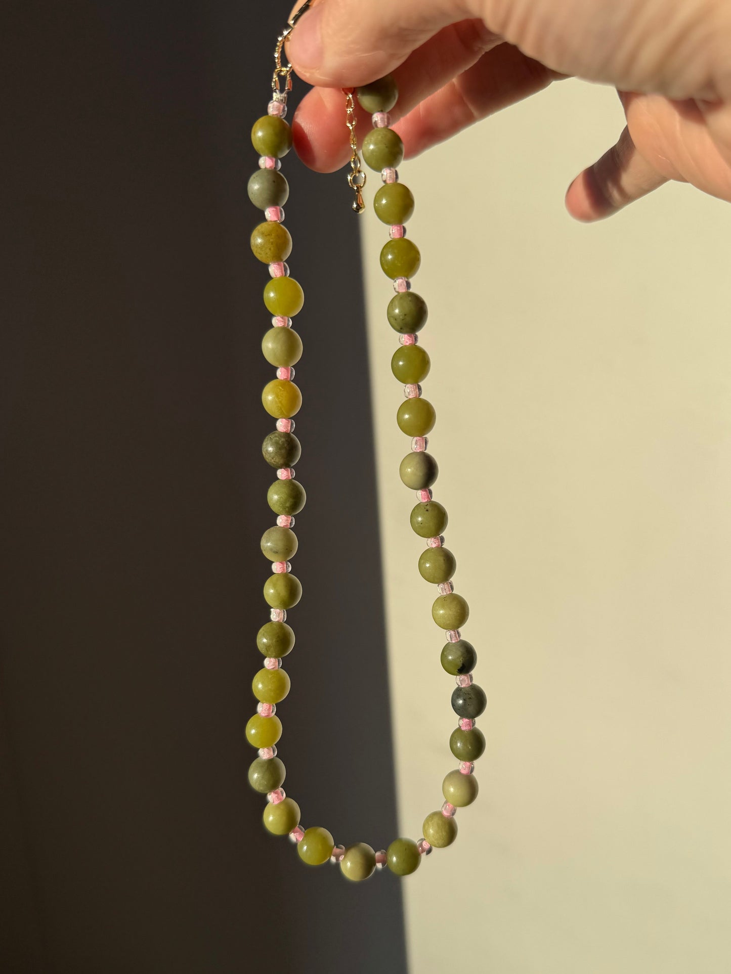 Green Jasper & Half Transparent Neon Pink Spacer