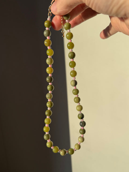 Green Jasper & Half Transparent Neon Pink Spacer