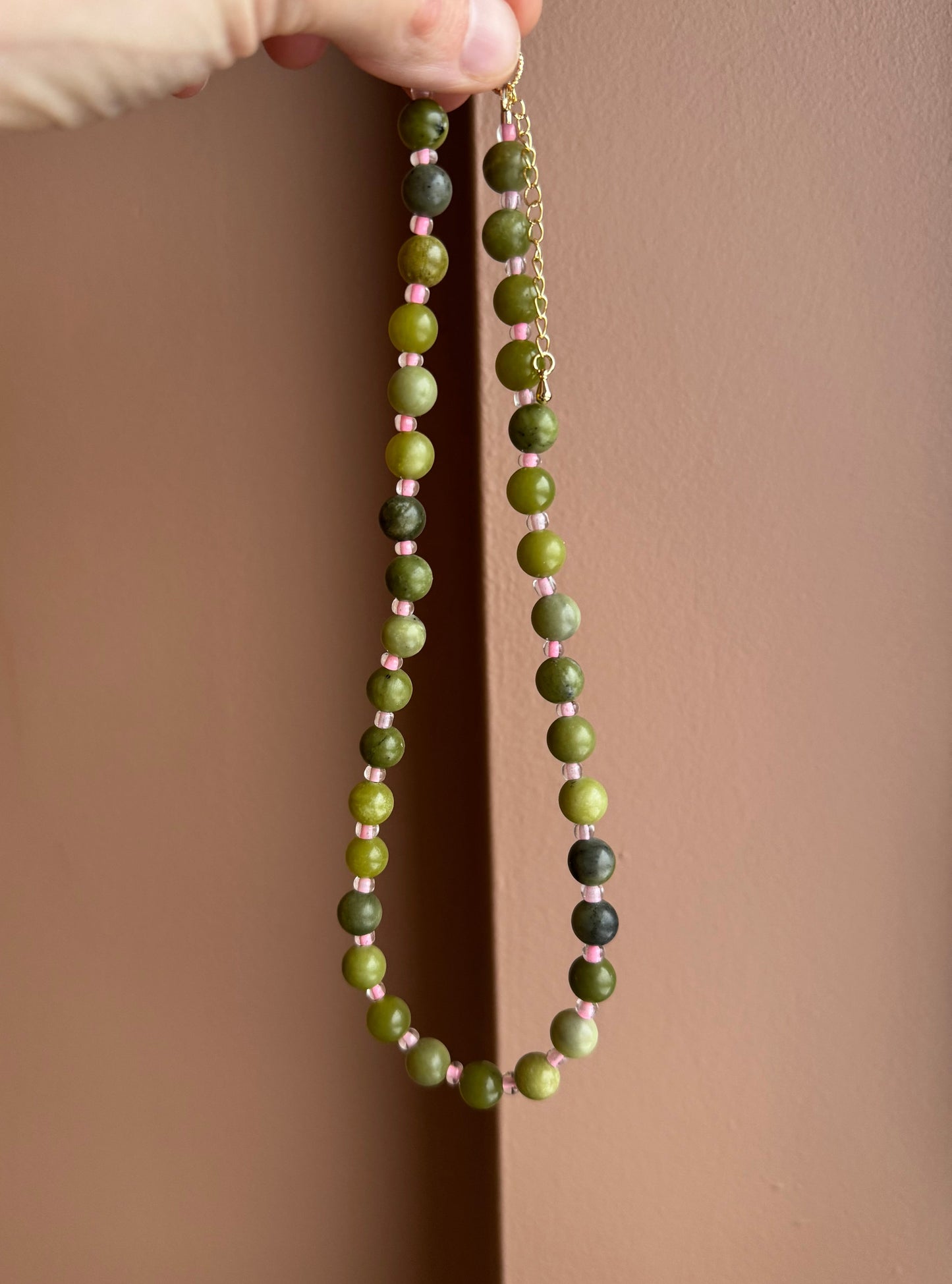 Green Jasper & Half Transparent Neon Pink Spacer