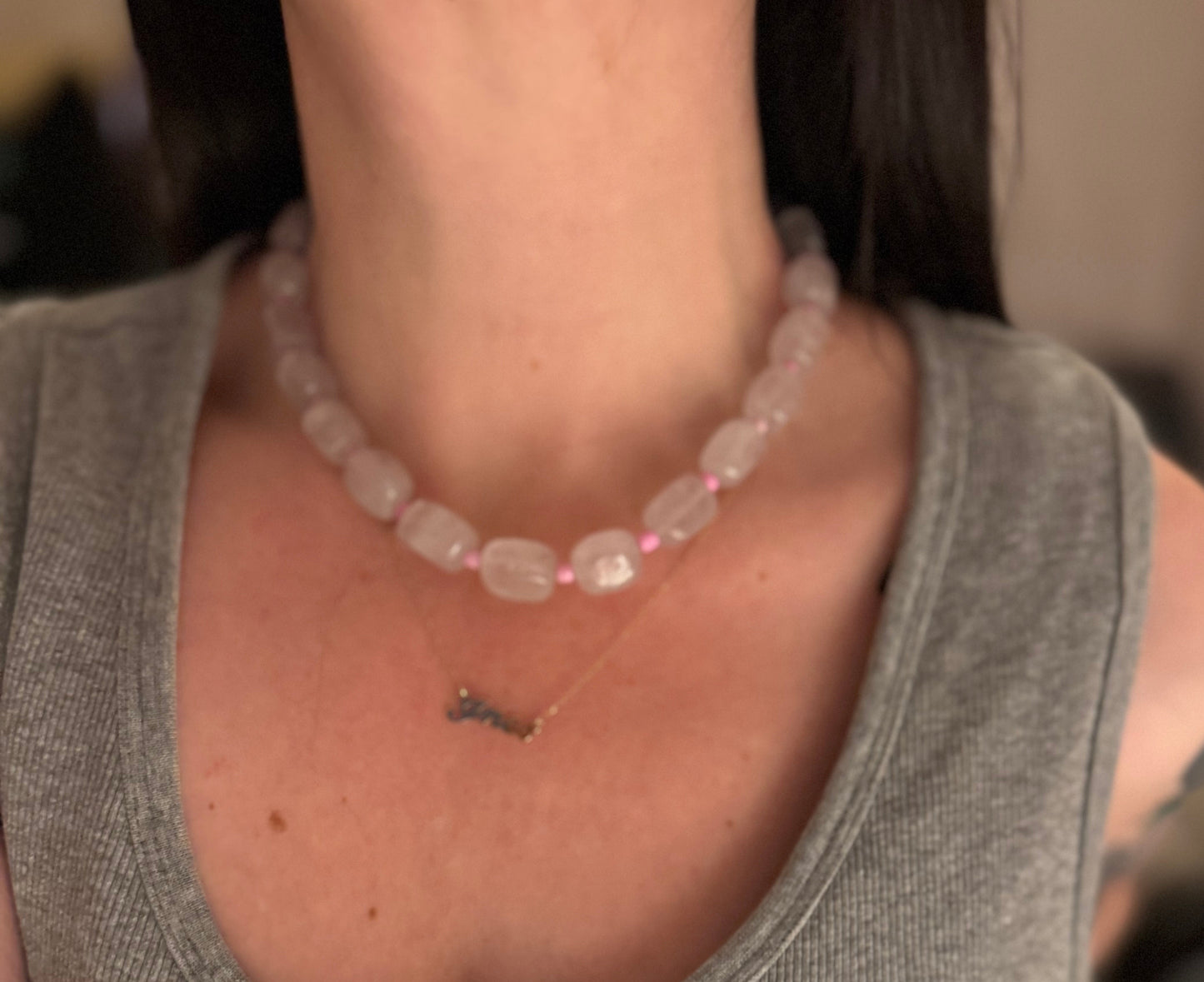 Rectangle Shape Rose Quartz w/ Bright Pink Glass Spacer