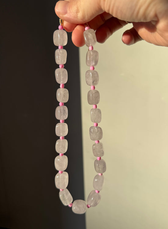 Rectangle Shape Rose Quartz w/ Bright Pink Glass Spacer