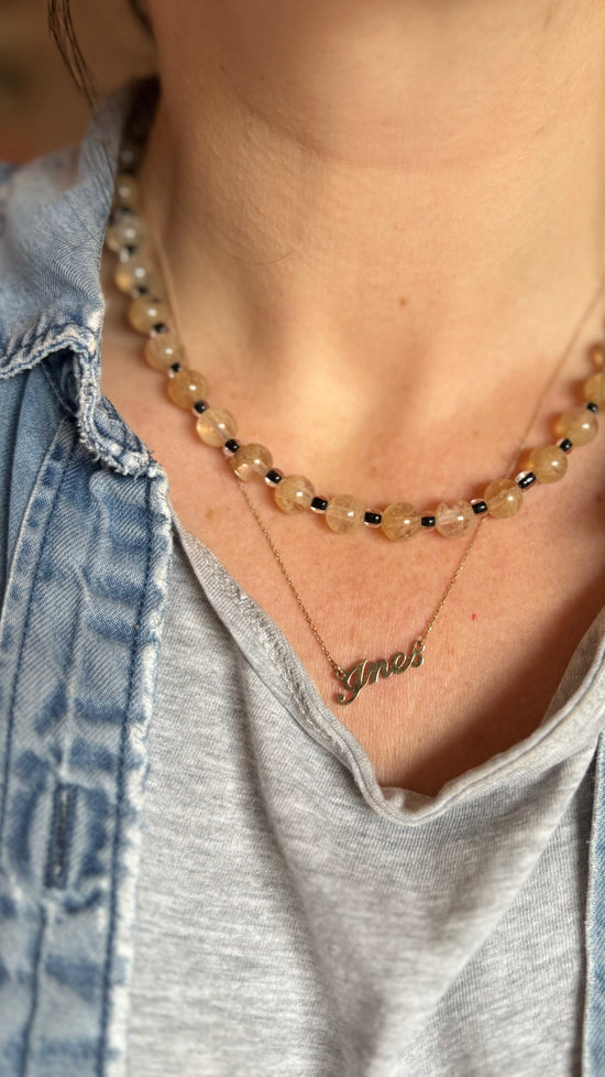 Yellow Citrine Stone w/ half transparent black glass spacer