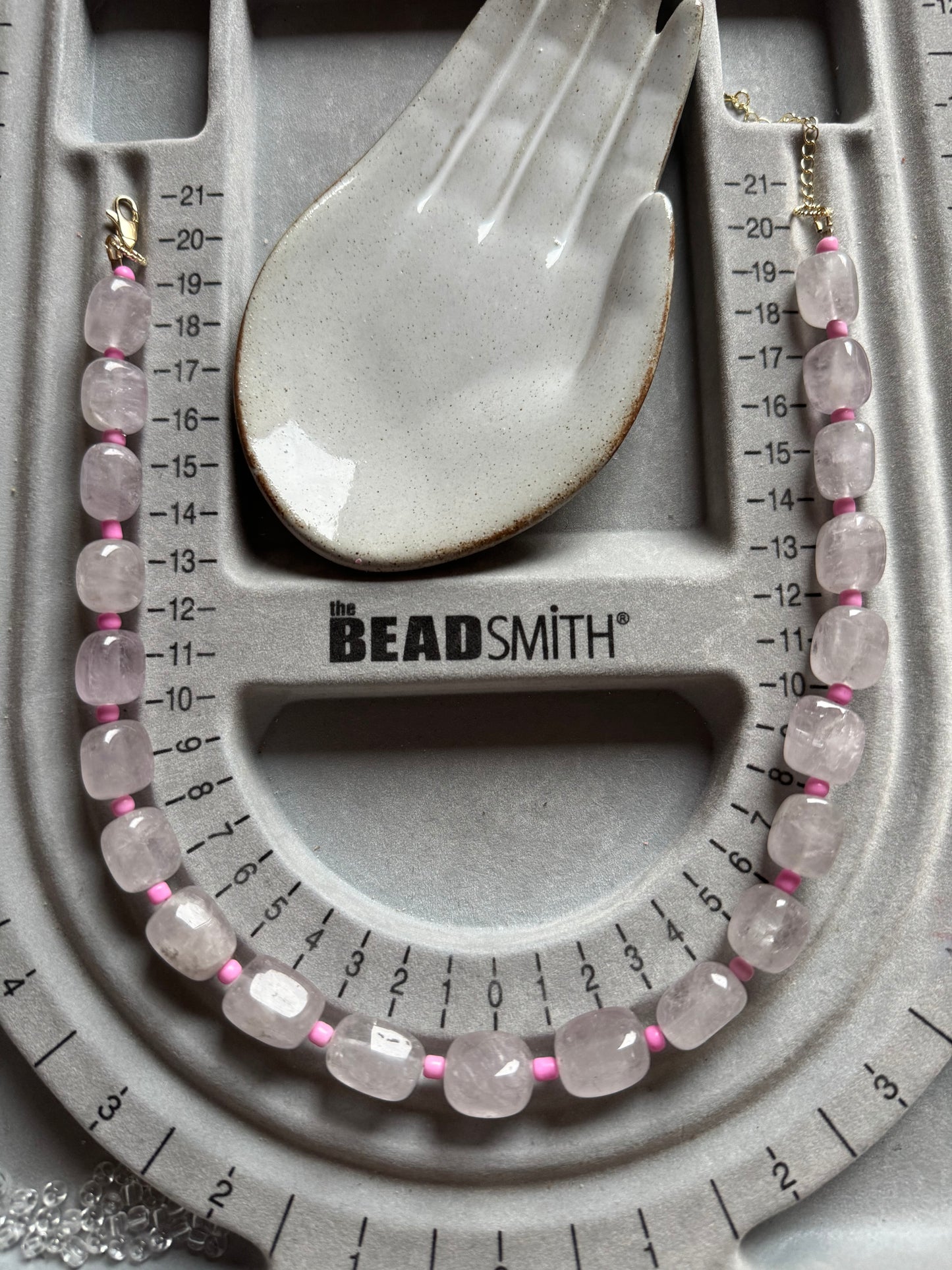 Rectangle Shape Rose Quartz w/ Bright Pink Glass Spacer