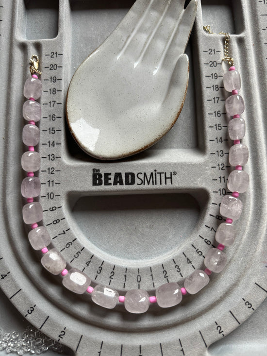 Rectangle Shape Rose Quartz w/ Bright Pink Glass Spacer