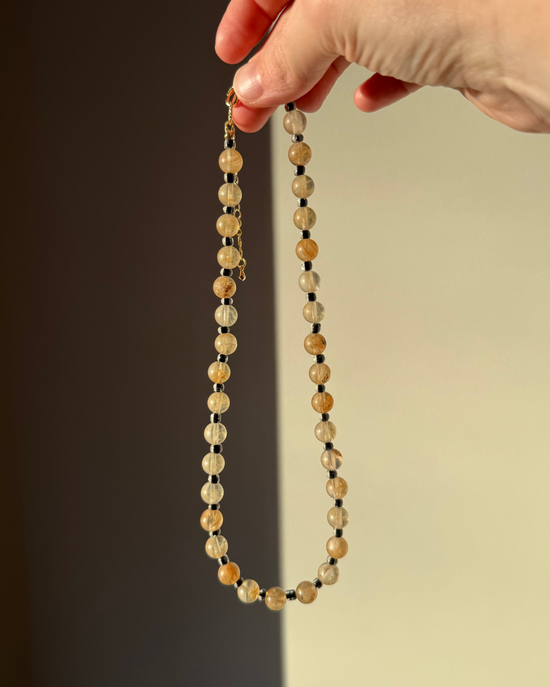 Yellow Citrine Stone w/ half transparent black glass spacer